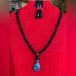 Handcrafted Onyx, Labradorite & Turquoise Gemstone Necklace & Earring set.